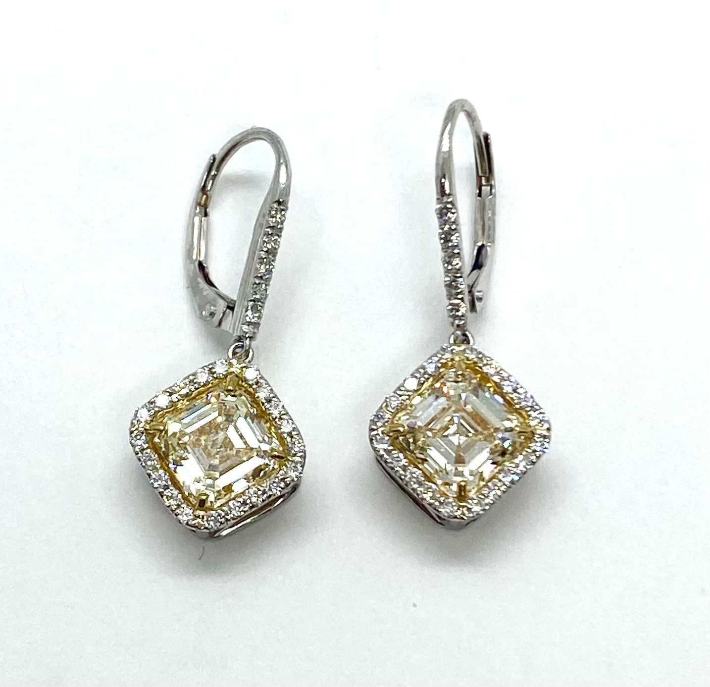 Asscher Cut Light Yellow Diamonds and White Diamonds Drop Earrings
