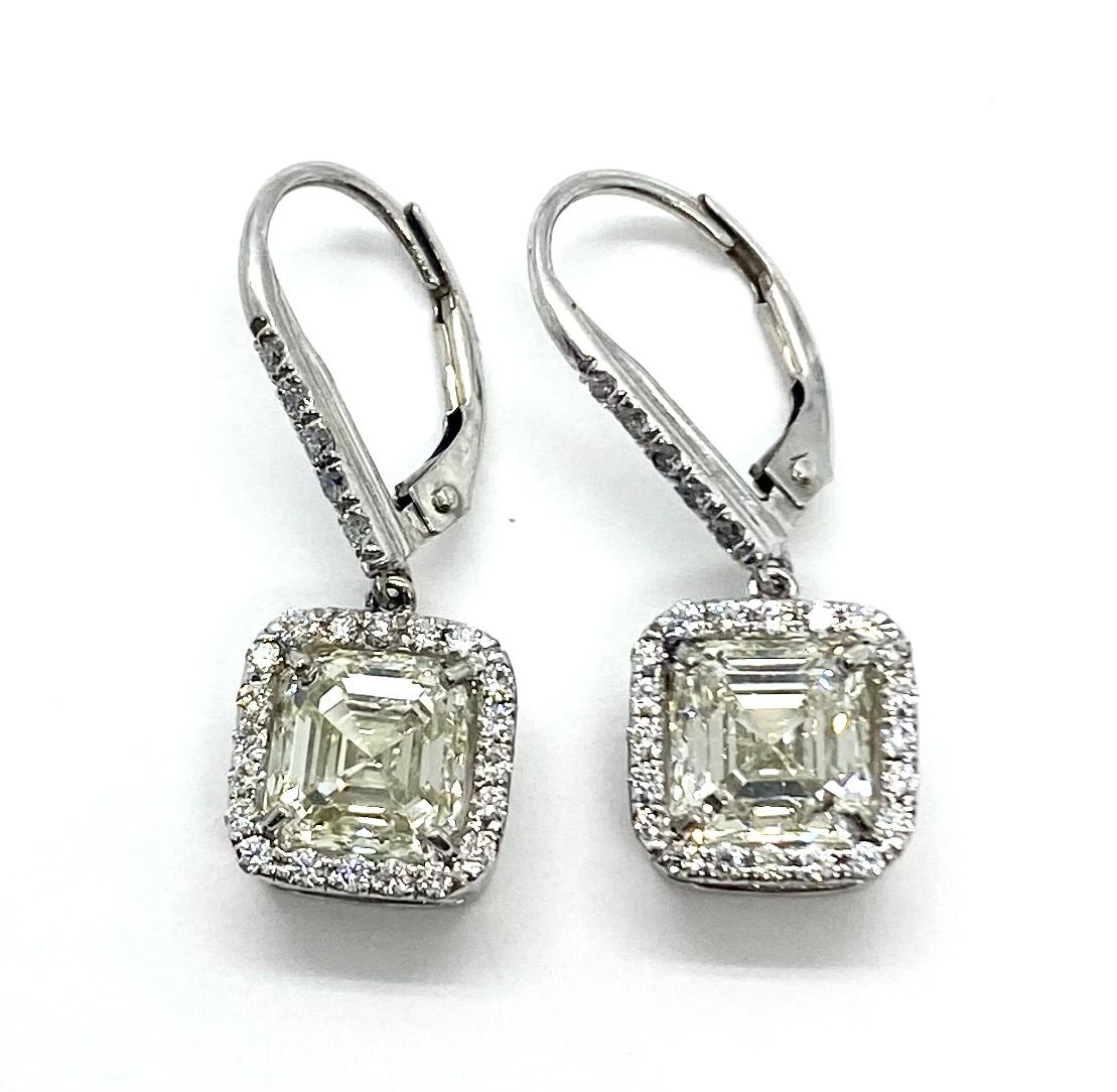 Asscher Cut Very Light Yellow Diamonds and White Diamonds Drop Earrings