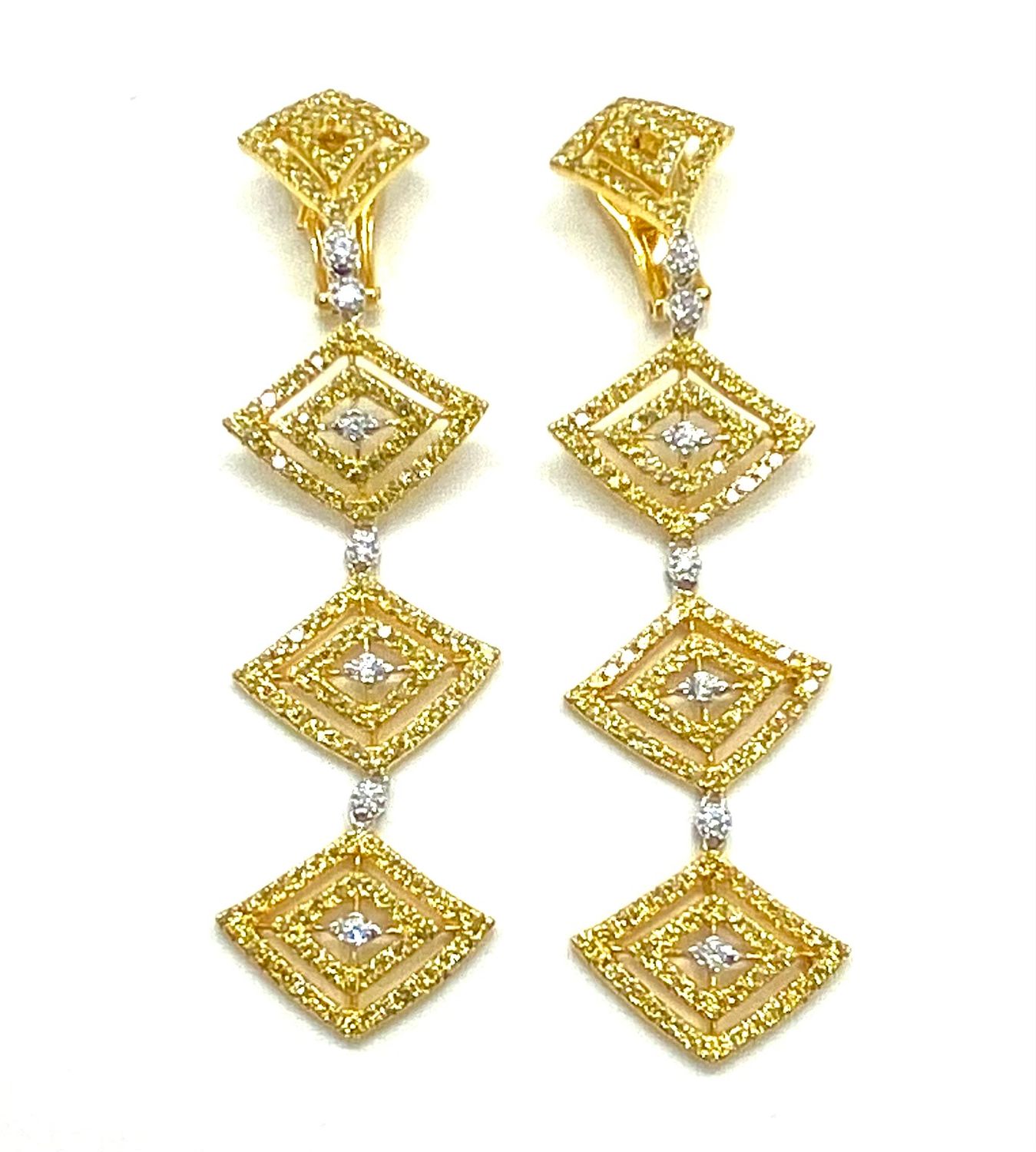 Yellow and White Diamonds Dangle Earrings