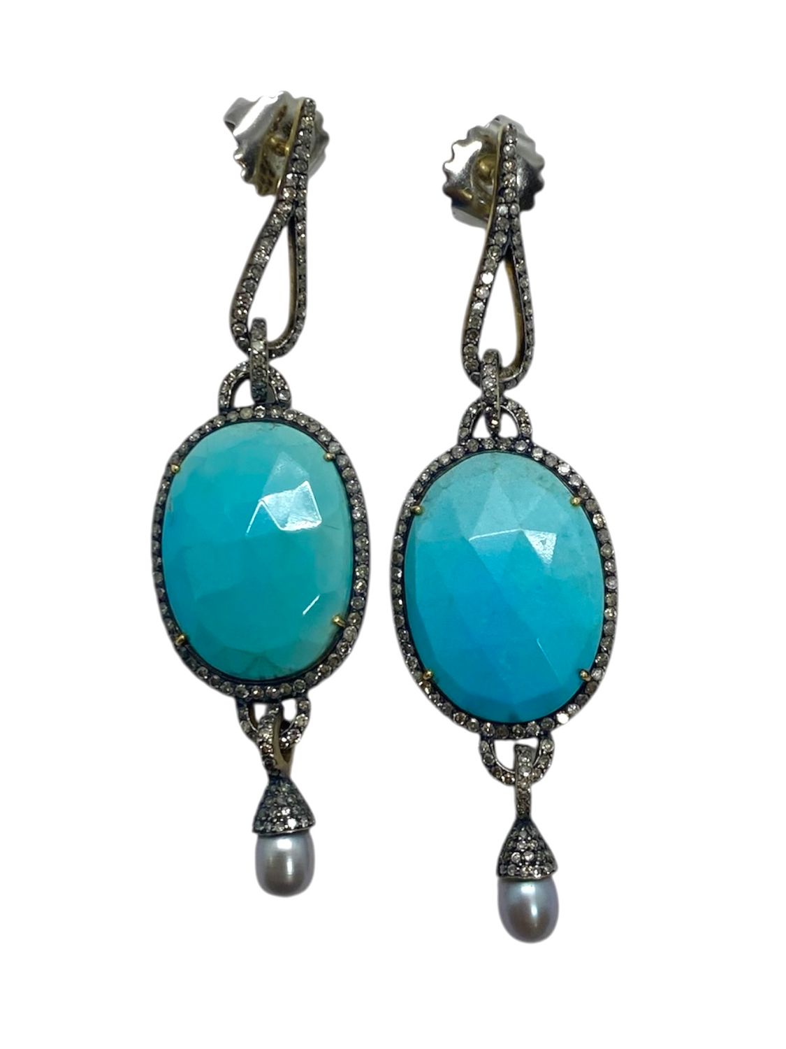 Turquoise Chalcedoy and Diamond Earrings in Silver