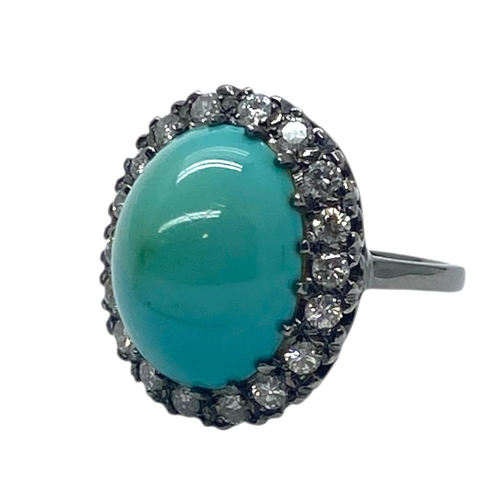 Vintage Blackened Gold Turquoise and Diamond Ring