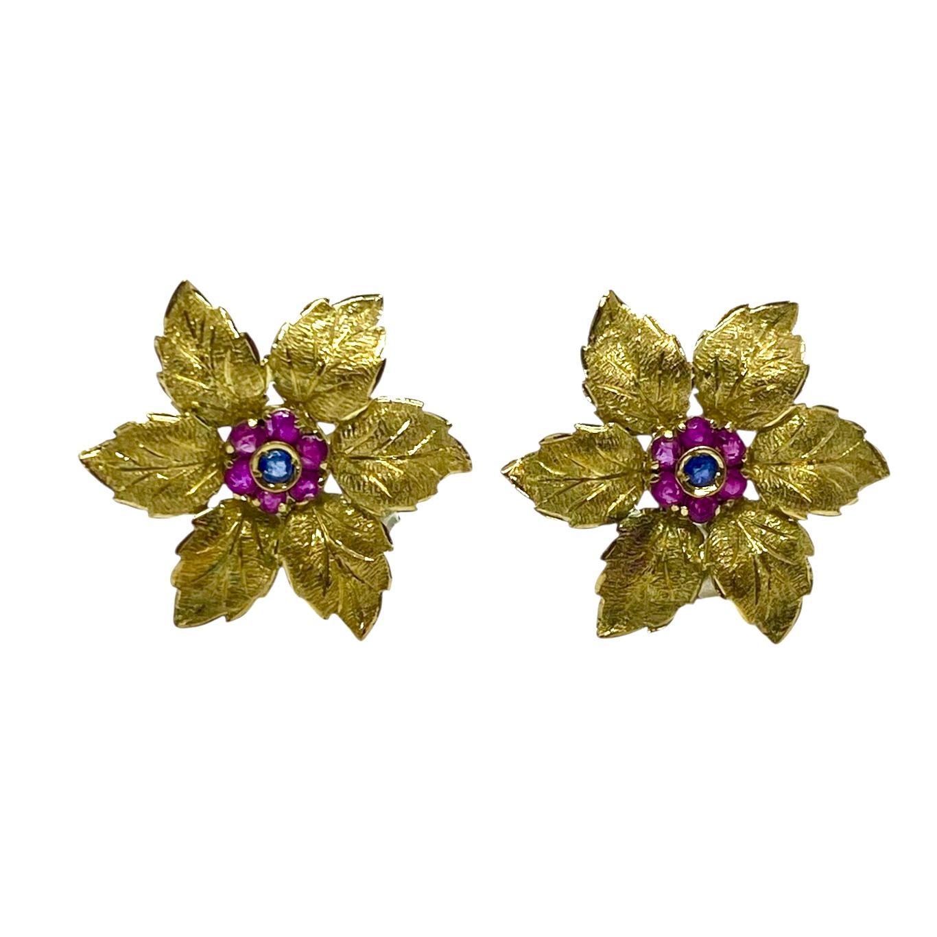 Vintage Ruby and Sapphire Flower Earrings