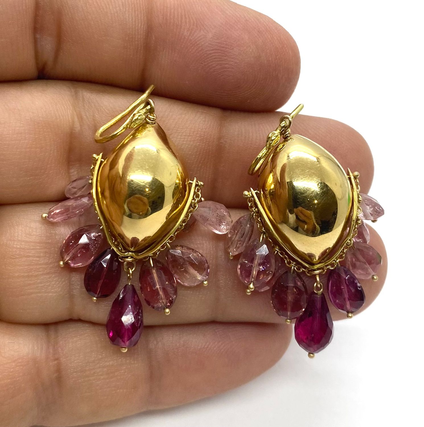 Fine Pink Tourmaline in Yellow Gold Earrings