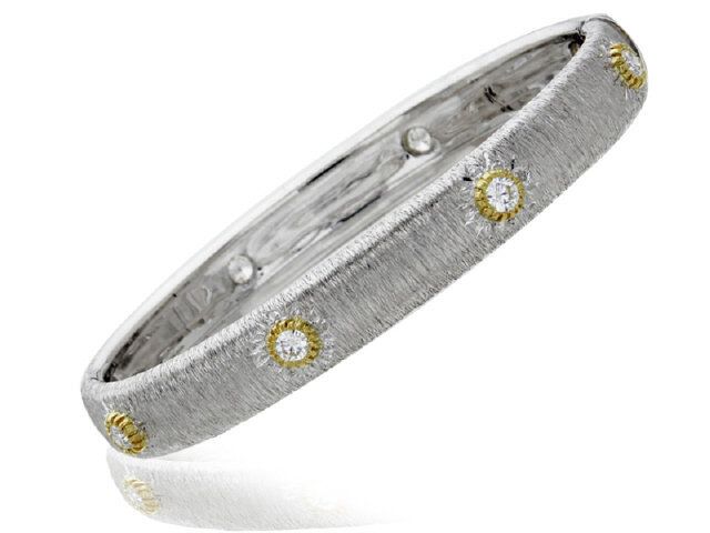 18K WHITE GOLD HINGED DIAMOND BANGLE W/ FLORENTINE FINISH