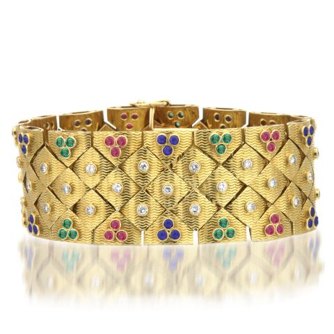 18K Y/G CARTIER RUBY, EM, SAPP, DIA BRACELET