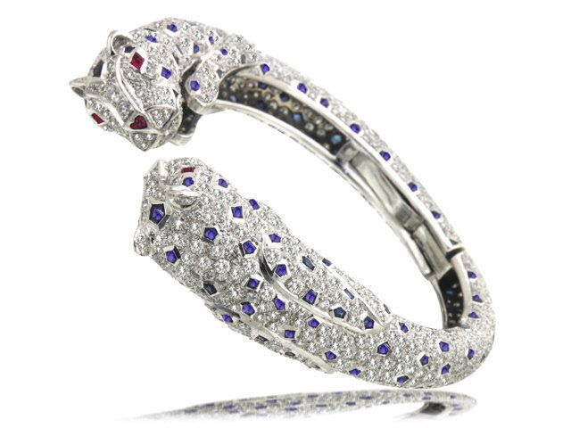 18K WHITE GOLD SAPPHIRE, RUBY DIAMOND PANTHER BANGLE