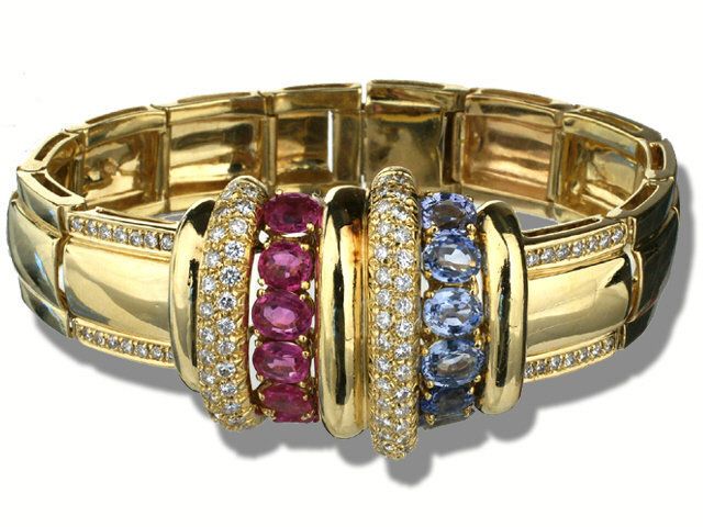 18K YELLOW GOLD PINK AND BLUE SAPPHIRE WITH DIAMONDS BRACELET