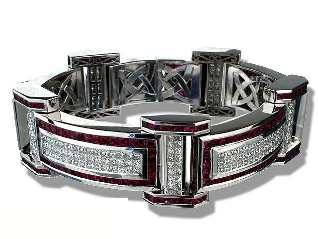 18K WHITE GOLD RUBY + DIAMOND BRACELET W/15CTS PRINCESS CUT D