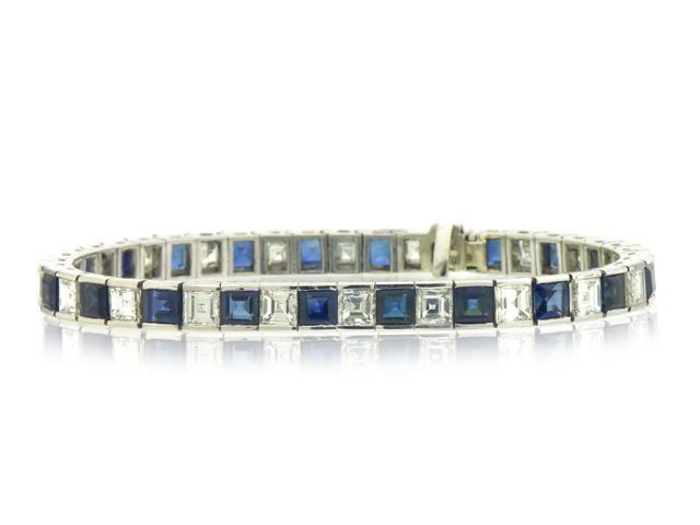 18K White Gold Blue Sapphire and Diamond Bracelet with