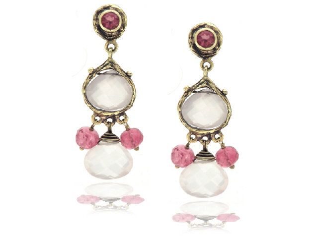 14K Yellow Gold Pink Quartz and Tourmaline Earrings