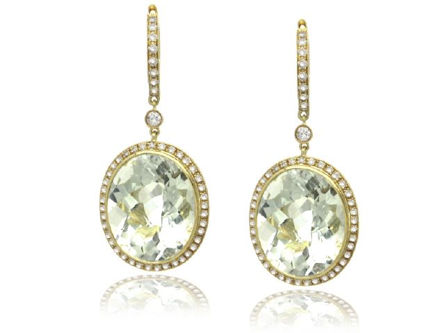 18K YELLOW GOLD DIA. GREEN AMETHYST EARRINGS