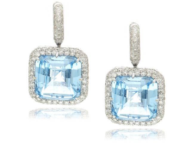18K WHITE GOLD DIAMOND BLUE TOPAZ EARRINGS
