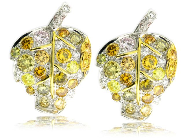 18KW FANCY COLOR & WHITE DIAMOND LEAF EARRINGS