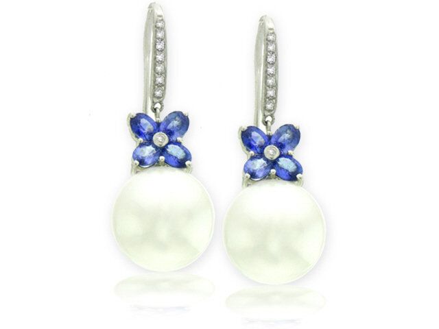 18K White Gold Blue Sapphire Dia. Pearl Earring 12.5mM