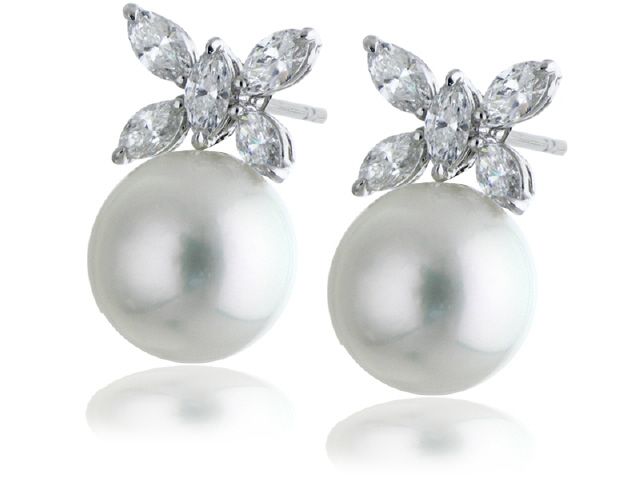 18K W/G S.S PEARL 12.7MM & DIAMOND EARRINGS