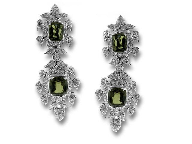 18K White Gold Green Sapphire and Diamond Earrings
