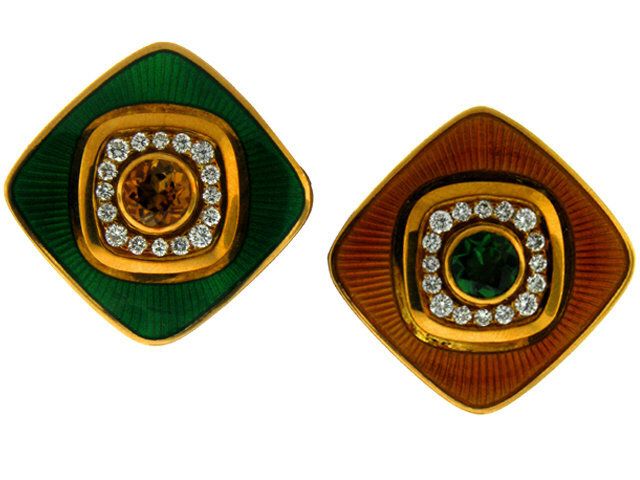18K Peridot, Citrine and Diamond Enamel Earrings