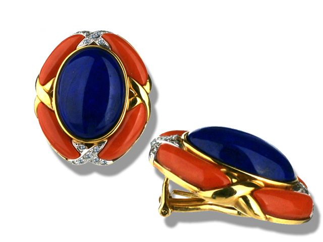 18K Y/G LAPIS CORAL + DIAMOND EARRINGS + RING SET