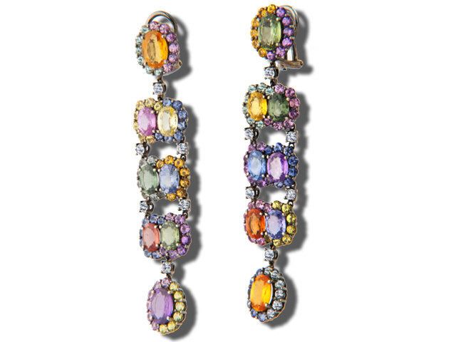 18K White Gold Multi Color Sapphire and Diamond Earrin