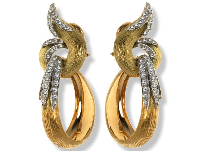 18K Yellow Gold Diamond Long Hoop Earrings