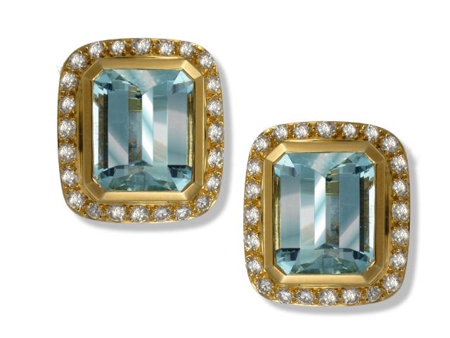 18K Yellow Gold Aquamarine and Diamond Earrings