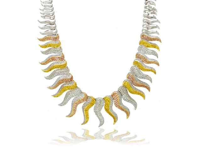 18K WHITE GOLD PINK WHITE YELLOW DIAMOND NECKLACE