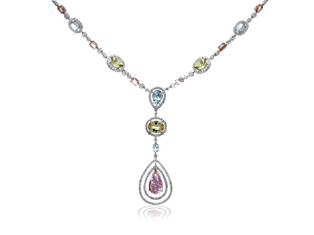 18K WHITE GOLD DIAMOND COLOR STONE NECKLACE