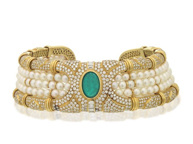 18K y/g emerald, Pearl & diamond choker Necklace
