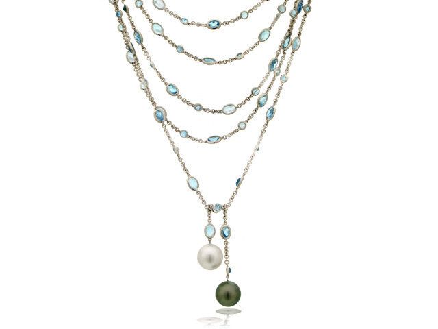 18k White Gold Blue Topaz & S/S Pearl Necklace