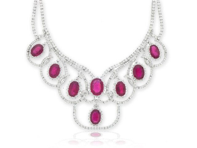 18K WHITE GOLD RUBY & DIAMOND NECKLACE. EARRING, AND RING SET
