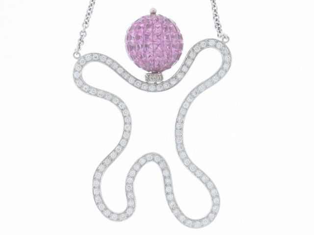 18K WHITE GOLD INVISIBLE SET PINK SAPPHIRE & DIAMOND PENDANT