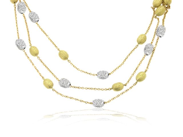 18K Y/G MULTI-STRAND PAVE DIAMOND BEAN NECKLACE