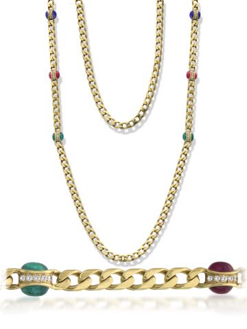 18K Y/G RUBY, EMERALD, SAPPHIRE, DIAMOND NECKLACE