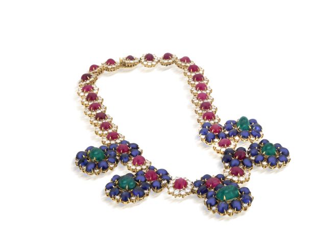 18K Y/G EMERALD, RUBY, SAPPHIRE, DIAMOND NECKLACE
