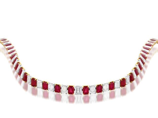 PLATINUM & 18K Y/G EM CUT DIAMOND & RUBY NECKLACE