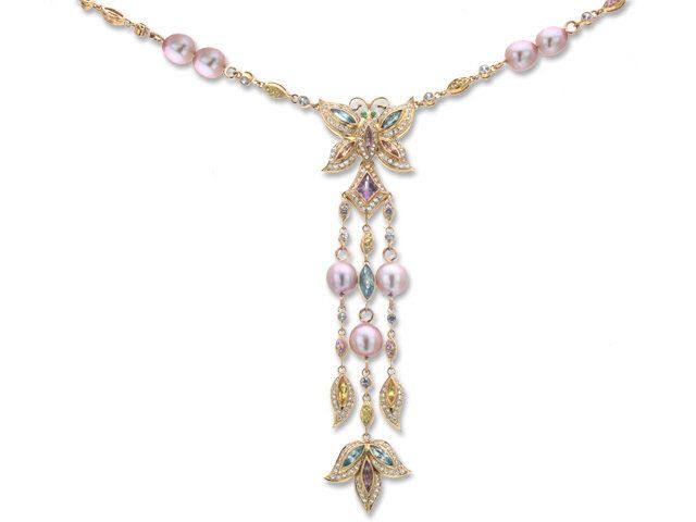 18K ROSE GOLD DIAMOND & COLOR STONE FLOWER NECKLACE