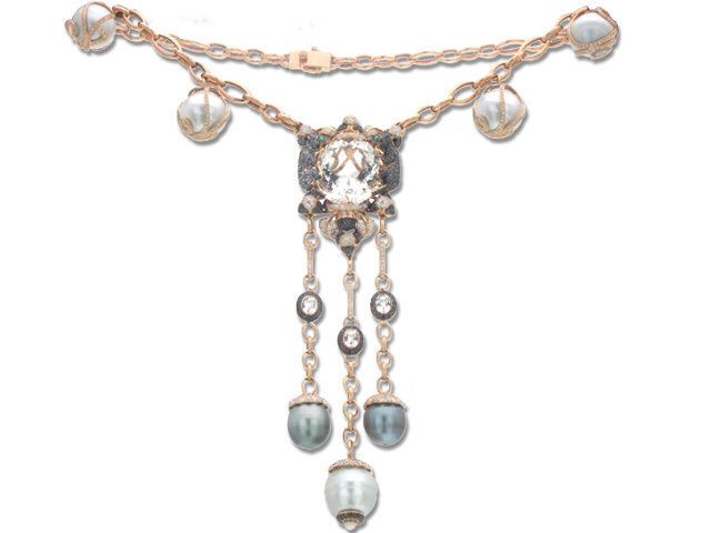 18K ROSE GOLD DIAMOND COLOR STONE & S.S. PEARL COUGAR NECKLA