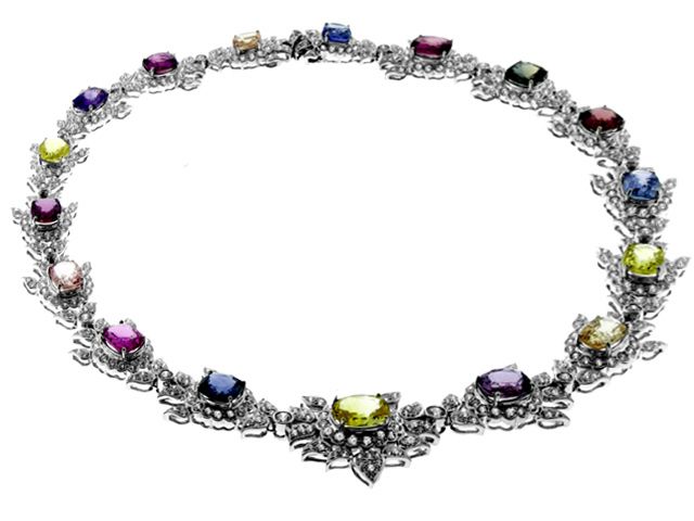 18K White Gold Multi Color Sapphire Diamond Necklace