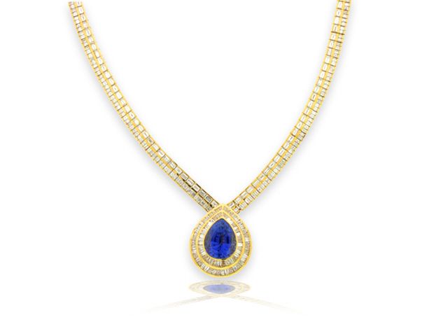 18K Yellow Gold Blue Sapphire and Diamond Necklace
