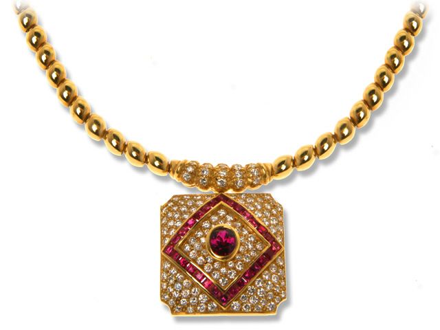 18K Yellow Gold Ruby and Diamond Necklace