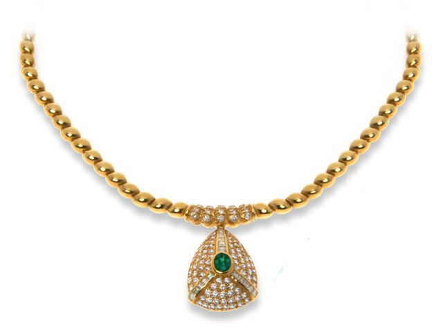 18K Yellow Gold Emerald and Diamond Necklace