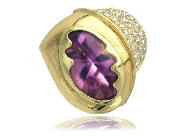 18K Yellow Gold Amethyst Diamond Heart Brooch
