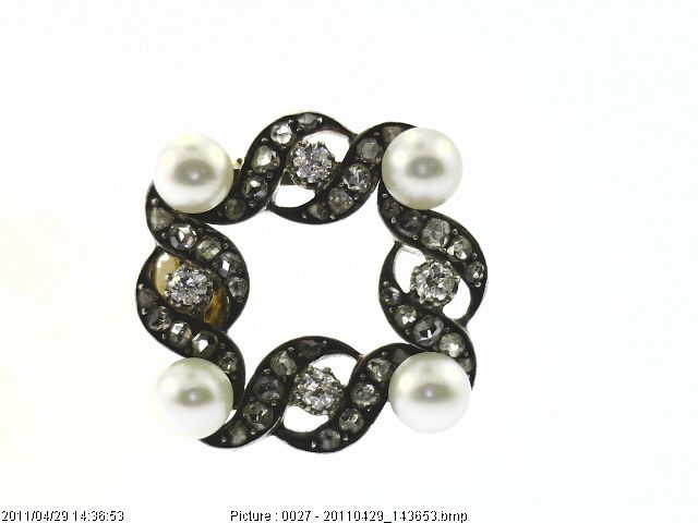 18K Yellow Gold and Silver Pearl Diamond Antique Pin
