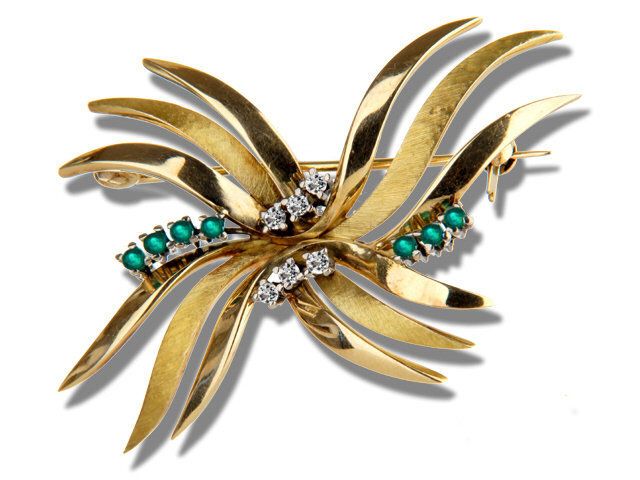 18K Yellow Gold Emerald and Diamond Brooch