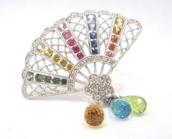 Sapphire and Diamond Fan Brooch in 14K White Gol