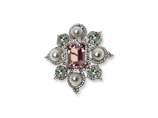 18K W/G Kunzite Aquamarine S.S. Pearl & Diamond Pendan