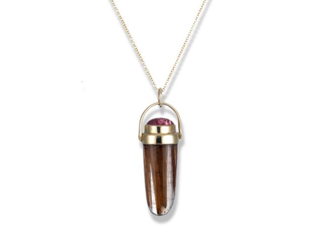 14K Y/G Rutilated Quartz and Pink Tourmaline Pendant