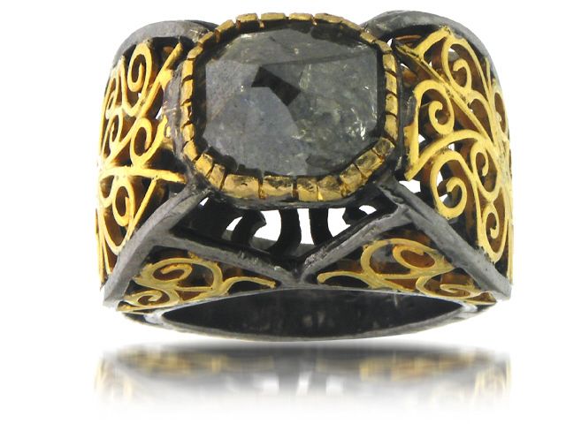 18K Y/G & BLACKENED SILVER BLACK DIAMOND RING