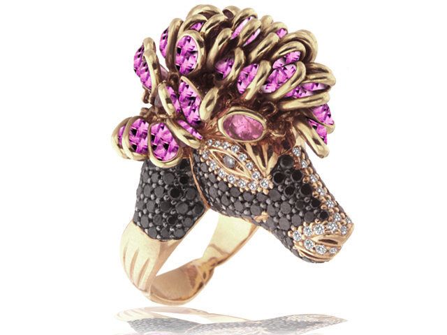 18K ROSE GOLD BLACK DIAMOND, BLUE DIAMOND, PINK TOURM. HORSE RING