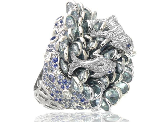 18K W/G DIAMOND & COLOR STONE SWIMMING DOLPHIN RING